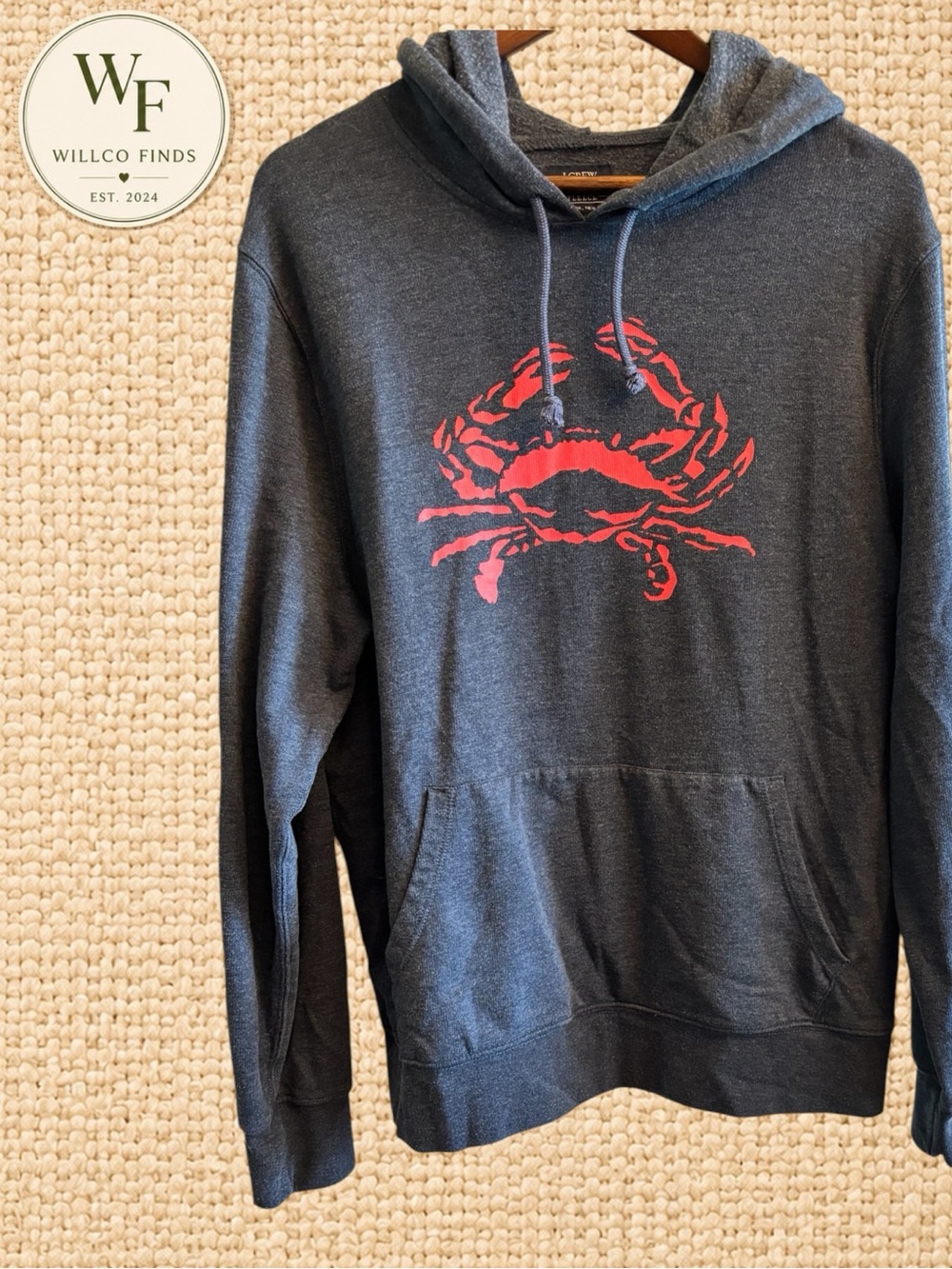 J.Crew Men’s Authentic Fleece Crab Graphic Hoodie Large Navy Heather Pullover